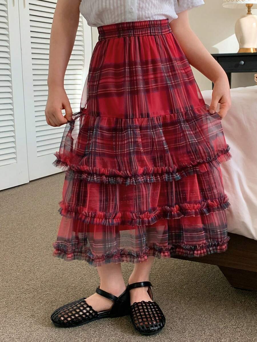 DAZY Young Girls Plaid Ruffle Hem Casual Versatile Fashion Mini Skirt, Summer - Red - View 1
