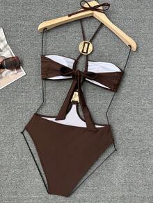 SHEIN Swim 1pc Solid Color Pearl Fabric Halter Waist Hollow Front Metal Decor Backless Tie Bikini Swimsuit For Women - Brown - View 2