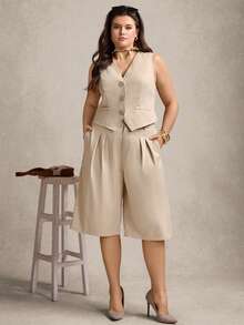 Zelara Bộ đồ nữ cỡ lớn màu trơn gồm áo vest một hàng cúc và quần short Bermuda xếp ly có túi, kiểu dáng thường ngày. - Màu Khaki - Xem 5