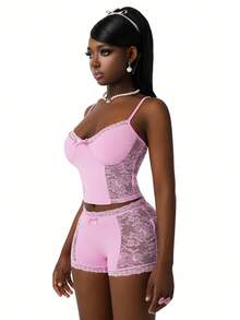 Amplova 2pcs/Set Women Lace Patchwork Bow Tie Crop Top And Shorts Mini Set With Lace Cups,Soft Pink,Summer,Girly,Night Out Mesh Avant-Garde 2 Pieces Set - Pink - View 1