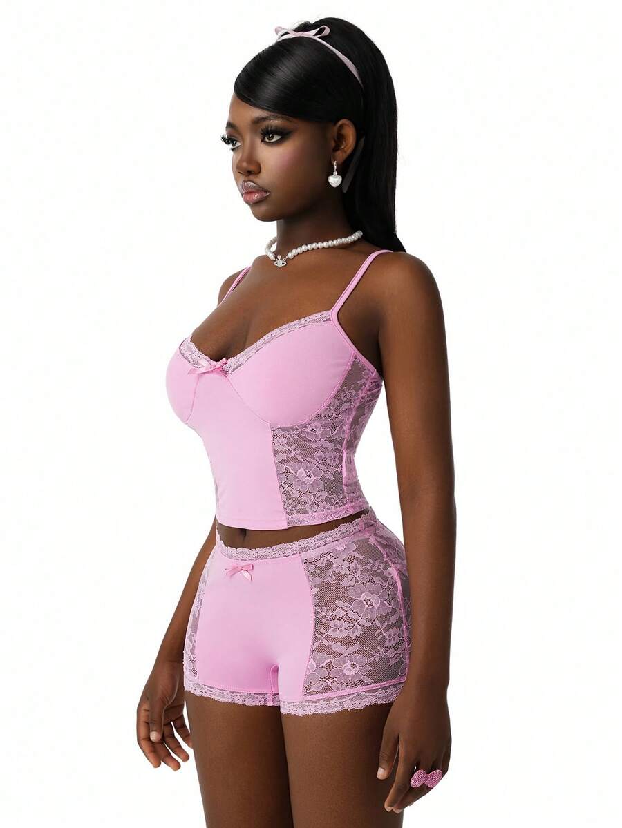 Amplova 2pcs/Set Women Lace Patchwork Bow Tie Crop Top And Shorts Mini Set With Lace Cups,Soft Pink,Summer,Girly,Night Out Mesh Avant-Garde 2 Pieces Set - Pink - View 1