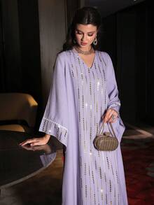 Al Najma Loose Elegant Flared Maxi Dress, Turkish & Arabic Traditional Long Robe For Women - Purple - View 5