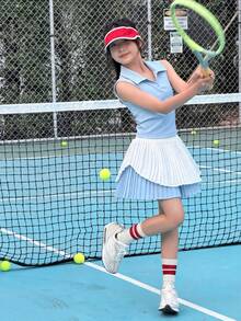 DAZY Bộ đồ thể thao mùa hè cho bé gái, gồm áo không tay có cổ và chân váy xếp ly. - Màu xanh lam - Xem 1