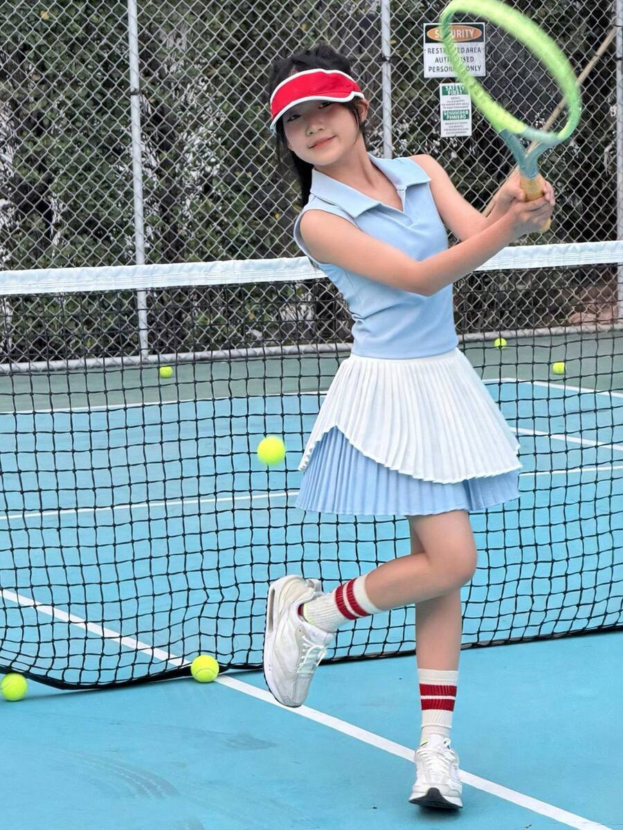 DAZY Bộ đồ thể thao mùa hè cho bé gái, gồm áo không tay có cổ và chân váy xếp ly. - Màu xanh lam - Xem 1