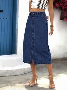 Breezaya Women's Solid Color Minimalist Casual Denim Mini Skirt - Dark Wash - View 7