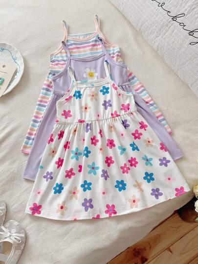 Conjunto de 3 piezas de vestido de tirantes para niñas bebés, vestido sin mangas elástico a rayas, adecuado para vacaciones de verano y fiestas, patchwork casual, floral, unicolor, camiseta sin mangas con estampado como acento, con elasticidad media