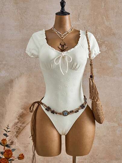 Bellisia 女士荷叶边U领印花连体泳衣，休闲海滩度假款，春夏秋季，浅黄色