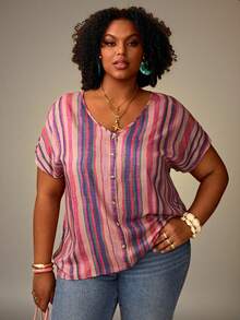 EMERY ROSE Plus Size Women's Pink Summer Boho Vacation Colorful Striped V-Neck Short Sleeve Button Decor Blouse,Simple Fashionable Early Spring Holiday Top - Multicolor - View 4