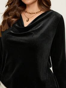 Comfylo 女士休闲百搭日常单品天鹅绒蕾丝拼接高领长袖T恤 - 黑色 - 查看 5