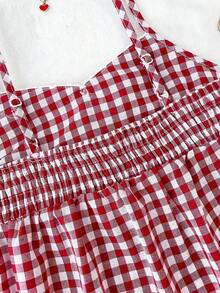 Tween Girl Casual Minimalist Comfortable Crisscross Strap Plaid Tank Top Checkered Top Picnic Outfit Girl Summer Top Red Plaid Top Bow Top - Red and White - View 6