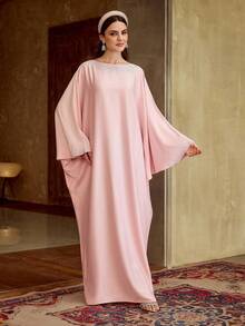 ZEYLAH 女士纯色船领蝙蝠袖镶钻优雅阿拉伯风格连衣裙 - 粉色 - 查看 7