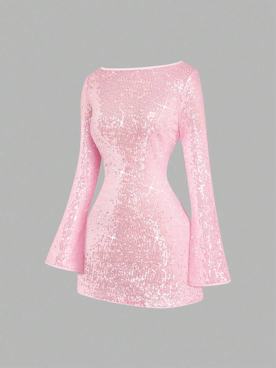 Sweetra Đầm dự tiệc mini ôm sát tay dài đính sequin lấp lánh dành cho nữ cỡ lớn, đầm ngắn bó sát lấp lánh thích hợp cho tiệc mùa hè. - Hồng - Xem 1