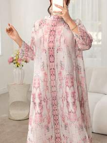 Modelyn Pink Long Sleeve Printed Pleated Maxi Abaya Dress For Women - Pink - View 6
