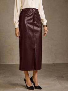 MOTF PREMIUM PU 皮革前开衩直筒裙 - 酒紅色 - 查看 6