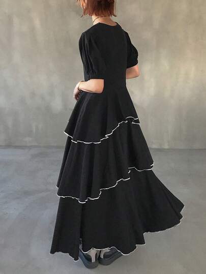 FRIFUL Women's Round Neck Petal Sleeve Layered Cake Hem Decorated A-Line Long Dress