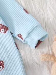 Newborn Beige Bear Pattern Long Sleeve Jumpsuit With Hat Set - Baby Blue - View 6
