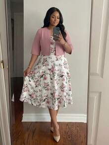 SHEIN Lady CURVE 大码夏季优雅印花连衣裙和外套两件套 - 彩色 - 查看 7