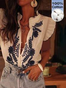 Serisse 女式法国 100% 纯棉蓝色花领刺绣盖袖衬衫蓝色青瓷印花蓝白印花夏季上衣女士夏季服装度假服装女士西部服饰 - 白色 - 查看 1