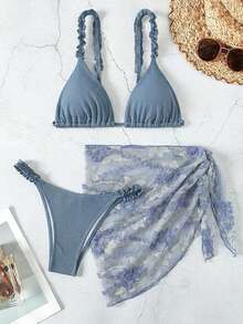 Swim Mod 女士夏季沙滩纯色荷叶边性感比基尼套装，含罩衫和裙子 - 霧霾藍 - 查看 1