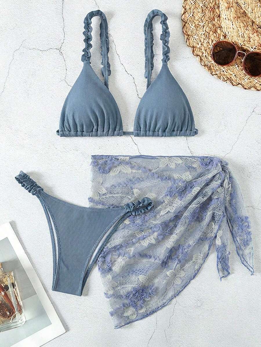 Swim Mod 女士夏季沙滩纯色荷叶边性感比基尼套装，含罩衫和裙子 - 霧霾藍 - 查看 1