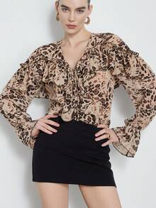 Aveloria Modichic Beige Leopard Print Chiffon Blouse,Elegant Pleated And Ruffle Trim,Bohemian Style Animal Top For Autumn,Party Night,Casual & Fashionable Street Wear - Multicolor - View 1