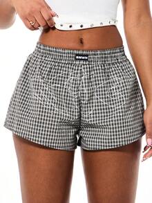 SUMWON WOMEN Checkered Pattern Relaxed Boxer Shorts With Drawstring Waist Summer Lounge Comfort Bottoms - Black - View 1