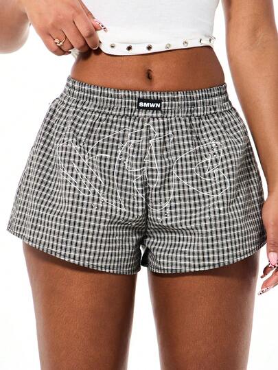 SUMWON WOMEN Rutiga mönster, avslappnade boxershorts med dragsko i midjan, sommarbyxor för lounge och komfort