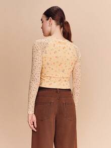 lacRébo Butter Yellow Floral Print Mesh Top With Contrast Long Sleeves Spring Summer Vacation - Yellow - View 2