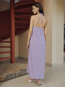 Nöista Lavender Jacquard Midi Dress Features Spaghetti Straps And A Ruched Bodice, Creating A Flattering Silhouette. Spring, Summer, Easter, Women Outfit. - Purple - View 2