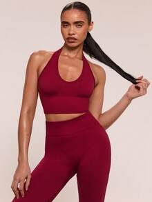 SHEIN BAE Conjunto de ropa deportiva casual de unicolor con top halter sin mangas y pantalones cortos ajustados para mujer - Burdeos - Ver 6