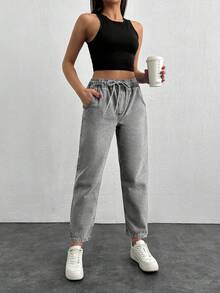 EURMUSE 女士抽绳腰带口袋锥形休闲百搭牛仔裤 - 灰色 - 查看 5