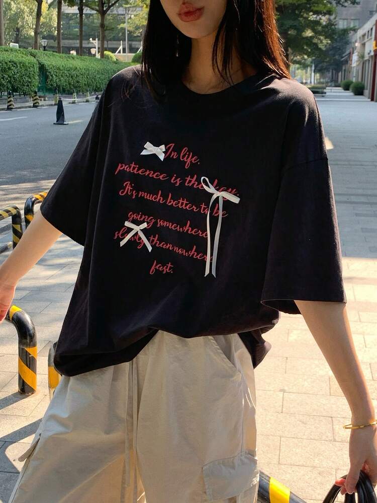 Women's Slogan Print Bow Decor Round Neck Short Sleeve Casual T-Shirt Graphic Tees Women
