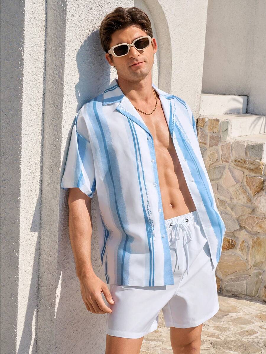 Manfinity KASUA 男士落肩短袖纽扣前开襟休闲沙滩装 - 彩色 - 查看 1
