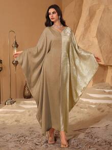 Al Najma 中东风格优雅蝙蝠袖拼接提花迪拜土耳其长袍，修身显瘦 - 卡其色 - 查看 3