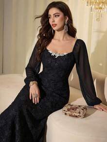 Modelyn Women's Elegant Black Random Print Long Dress With Square Neck Bishop Long Sleeves And Flared Hem For Special Occasions Elegant Dresses For Women - Black - View 8