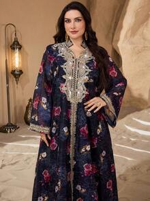 Al Najma Random Floral Applique Decorative Trim Ribbon, Luxurious Elegant Traditional Loose Long Sleeve Plus Size Women Turkish Abaya Robe - Black - View 5