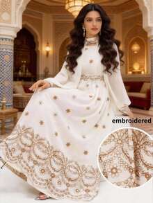 Al Najma Women's Contrast Color Printed Long Sleeve Arabic Style Dress  Arabic-Style Long Kaftan Robe, Arabic Women's Dress, Turkish Dress, Abaya Robe, Traditional Women's Dress Arabic Style Long Dress Kaftan Jalabiya Dress Arabic Dress For Women Turkish Dress Abaya Dress Abaya For Women Summer Dress   White Dresses For Women - Beige - View 1