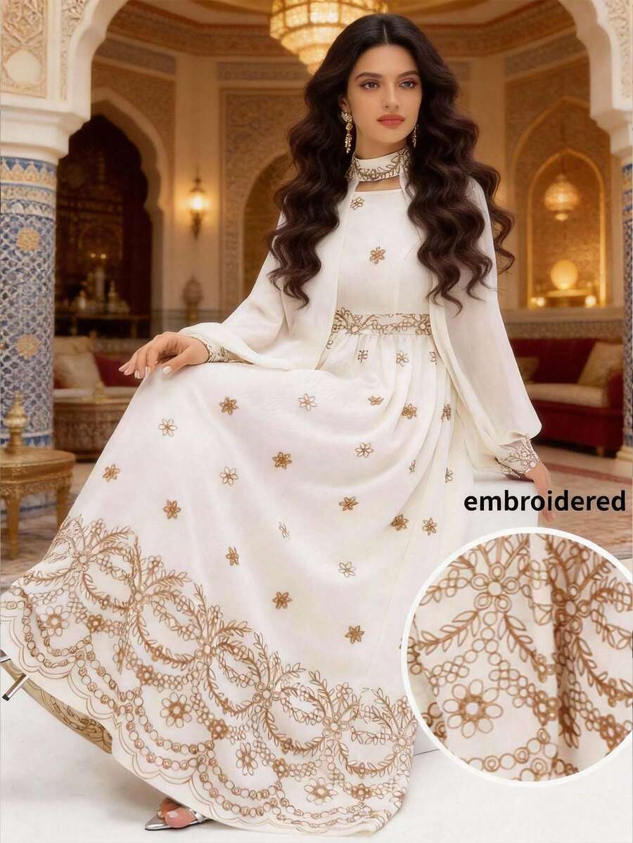 Al Najma Women's Contrast Color Printed Long Sleeve Arabic Style Dress  Arabic-Style Long Kaftan Robe, Arabic Women's Dress, Turkish Dress, Abaya Robe, Traditional Women's Dress Arabic Style Long Dress Kaftan Jalabiya Dress Arabic Dress For Women Turkish Dress Abaya Dress Abaya For Women Summer Dress   White Dresses For Women - Beige - View 1