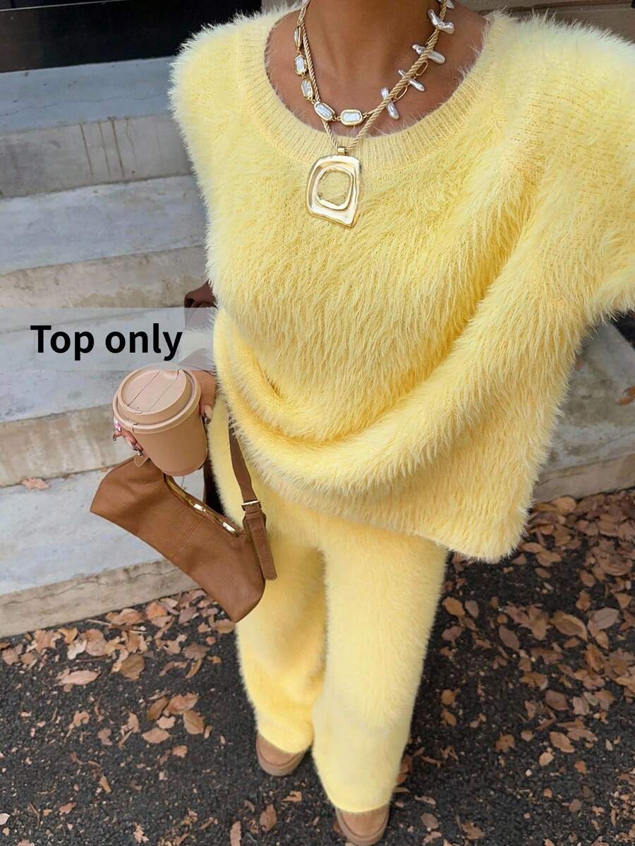 SHEIN EZwear 女士休闲蓬松黄色宽松套头衫 - Butter Yellow - 查看 1