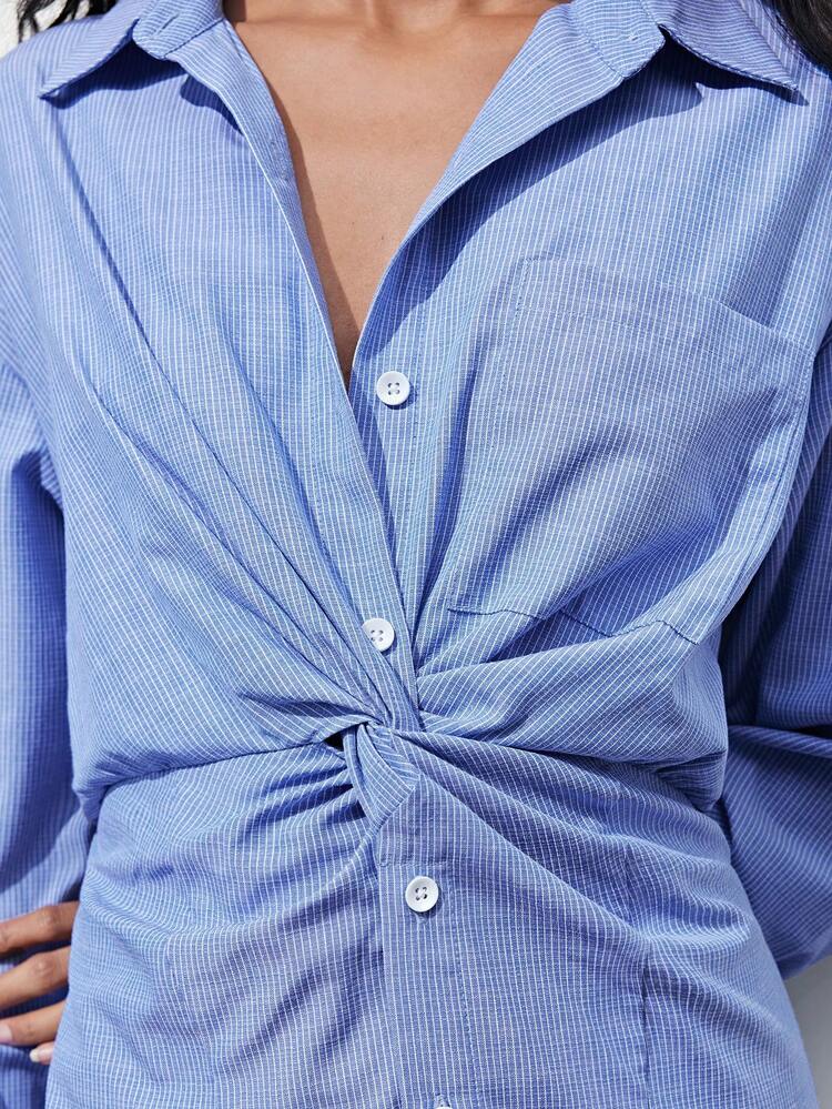 SHEIN Maija Women's Casual Commuter Striped Twist Front Button Dress, Vacation Outfits Women,Spring/ Summer Women Shirt Dress Button Ups Blue Shirts For Women Cotton Clothing Woman