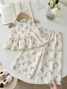 LMoss Kids 2pcs Baby Girl Ditsy Floral Woven Casual Vest And Pants Set - Multicolor - View 2