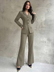 Firerie Bộ vest nữ thanh lịch kiểu cổ điển gồm áo blazer và quần ống loe ôm sát. - Màu Khaki - Xem 5