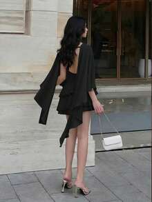 Vestido azul sólido sin mangas con chal desmontable para mujer, vestido mini sexy, lindo y romántico retro para citas - Negro - Ver 2