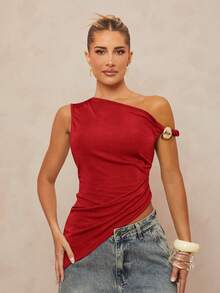 Lumalex Metal Decor Asymmetrical Twist Ruched Bodycon Top For Women - Red - View 3