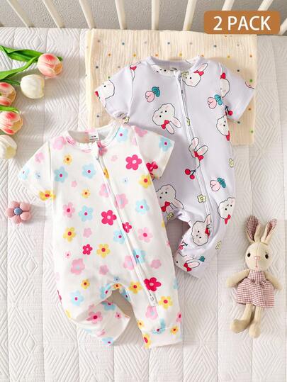 SHEIN 2pcs Newborn Baby Floral Print & Cartoon Rabbit Print Romper Set
