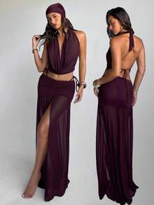 Aloruh 女士春夏新款两件套，雪纺罩衫搭配纯紫红色优雅性感复古垂褶露背罩衫和低腰褶裥开衩长裙，女士沙滩/度假装 - 紫紅色 - 查看 8