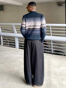 Ngobest Haus Ngobest Haus Men's Autumn/Winter Half-Zip Collar Striped Casual Pullover Sweater, Business Commute Simple Style, Long Sleeve Top - Navy Blue - View 6