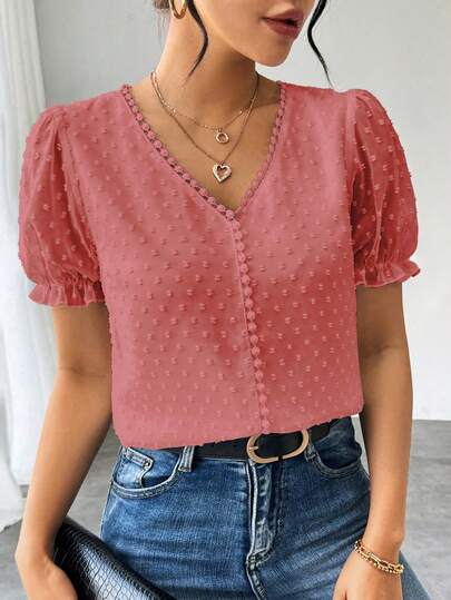 Elenzga Women's French Style Solid Color Swiss Polka Dot Ruffle Detail V-Neck Puff Sleeve Blouse