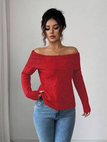 Elenzga Sexy American Style Collared Off-Shoulder Fitted Knit Long Sleeve Top, High-End Niche Design, Suitable For Autumn/Winter - Red - View 6