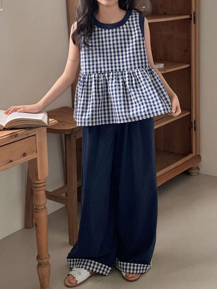 Tween Girl Plaid Round Neck Ruffle Hem Sleeveless Shirt And Pants Casual Outfit
